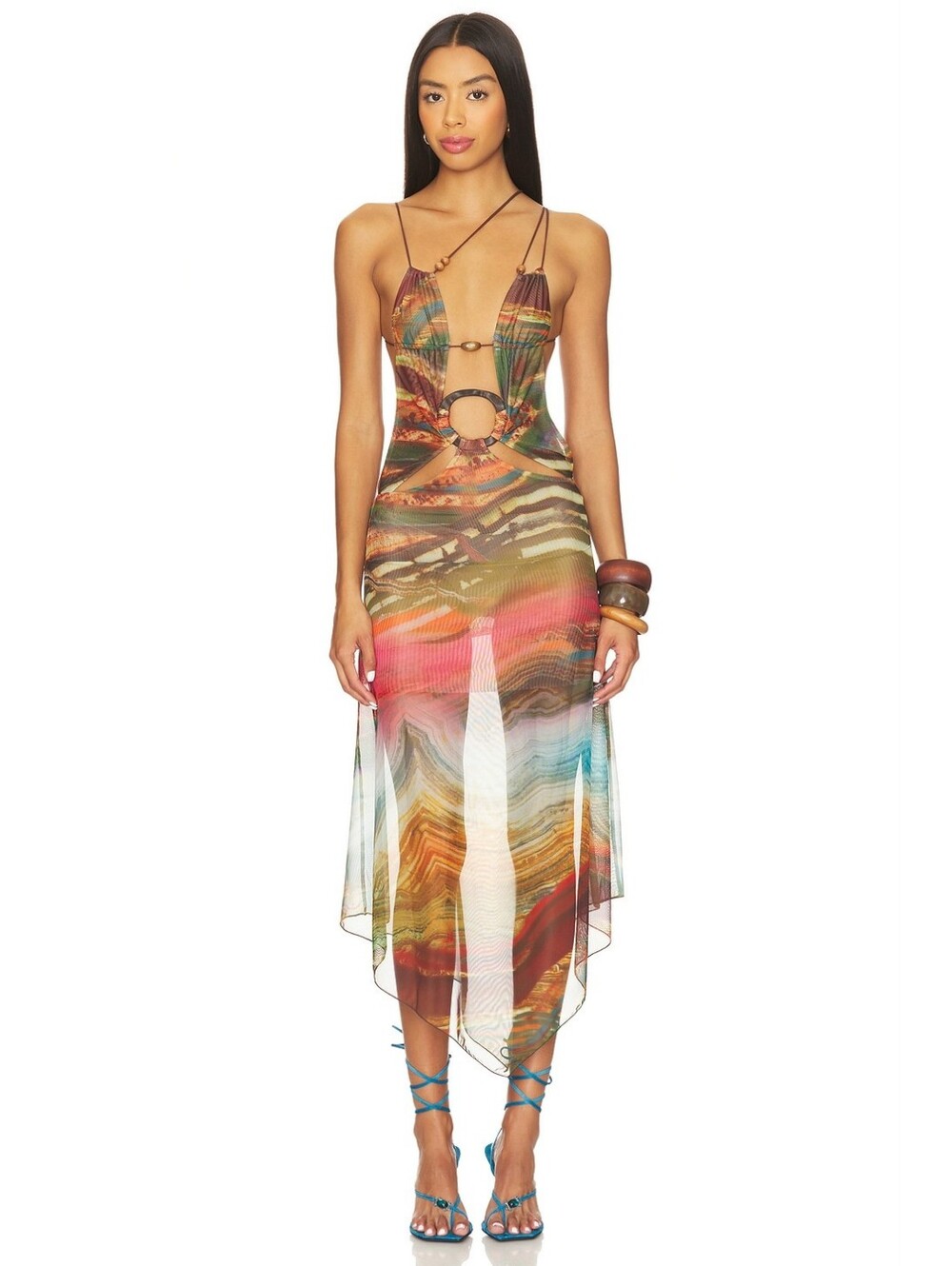 NWT $190 JADED LONDON Wooden Trim Mesh Dress in Multi US Size 6